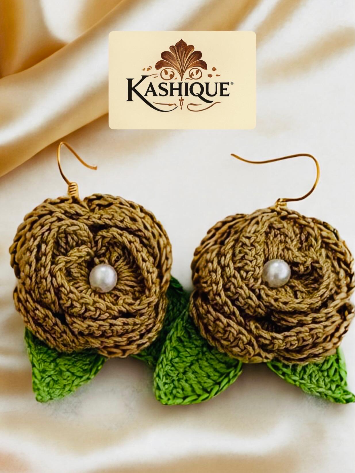 Crochet Rose Earrings: Pearl Center, Earthy Pink Green Floral Jewelry