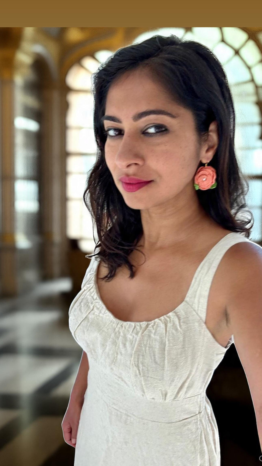Crochet Rose Earrings: Pearl Center, Earthy Pink Green Floral Jewelry