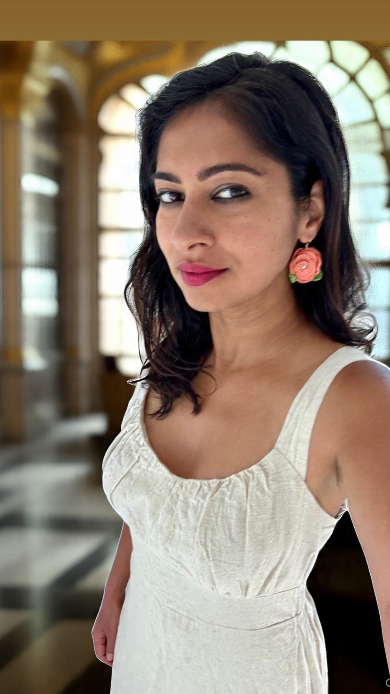 Crochet Rose Earrings: Pearl Center, Earthy Pink Green Floral Jewelry