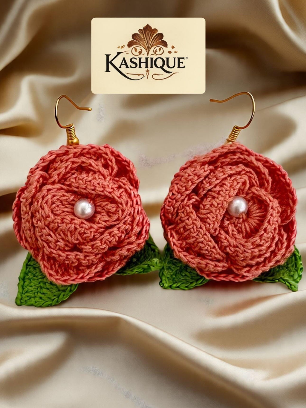 Crochet Rose Earrings: Pearl Center, Earthy Pink Green Floral Jewelry