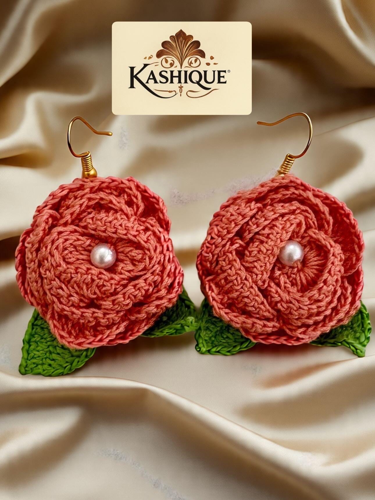 Crochet Rose Earrings: Pearl Center, Earthy Pink Green Floral Jewelry