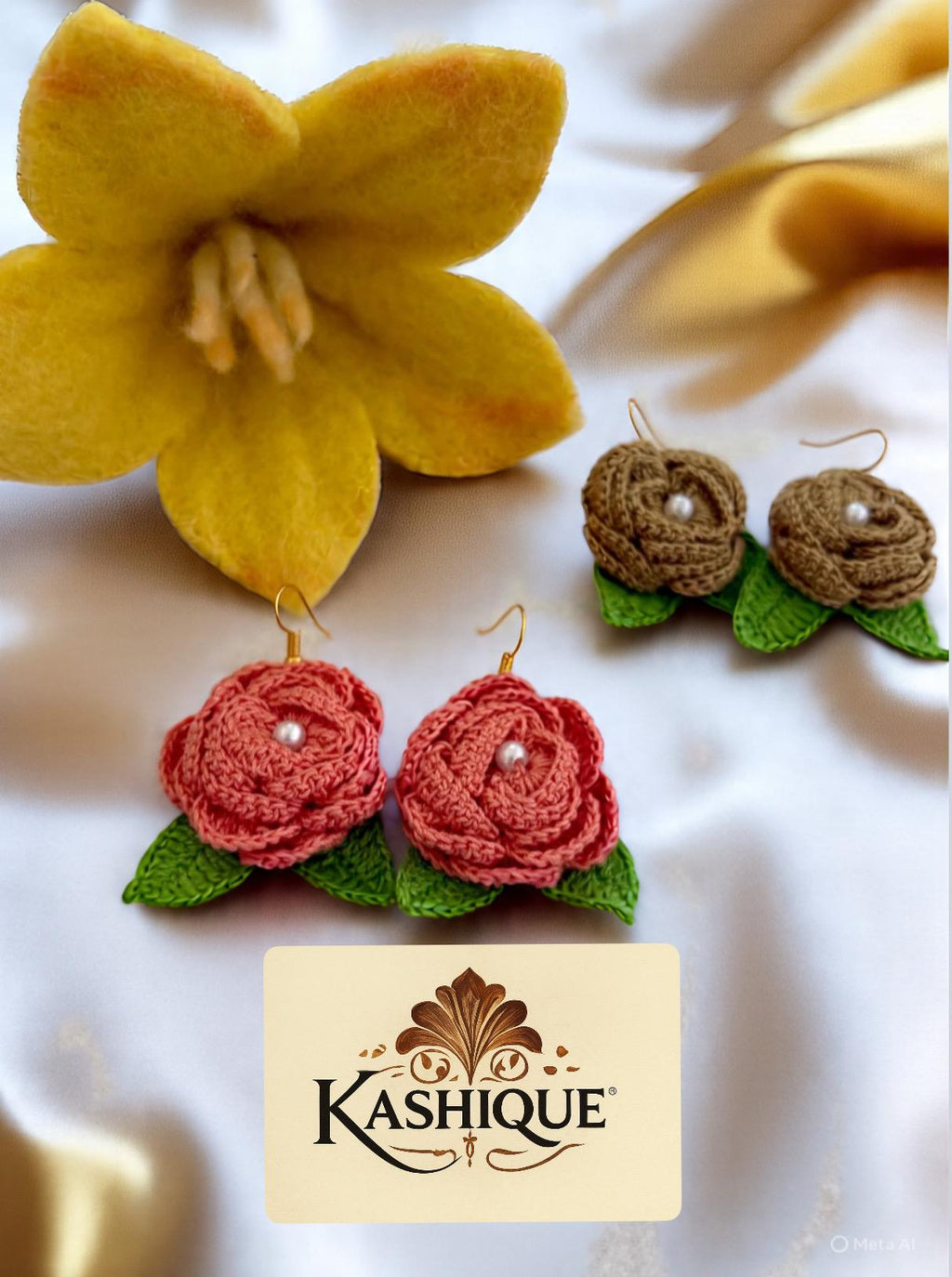 Crochet Rose Earrings: Pearl Center, Earthy Pink Green Floral Jewelry