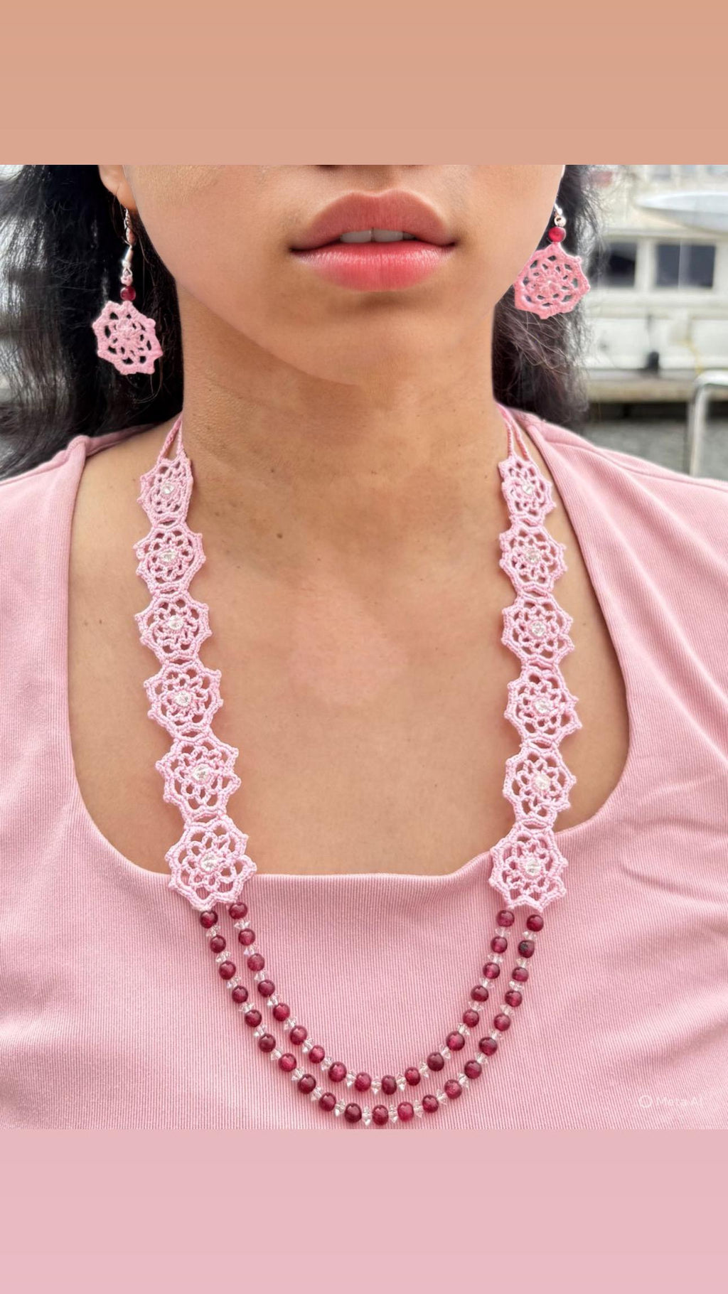 Trendy jewelry, light Crochet Jewelry, Pink Hexagon Floral Necklace & Earrings, Handmade Statement Jewelry