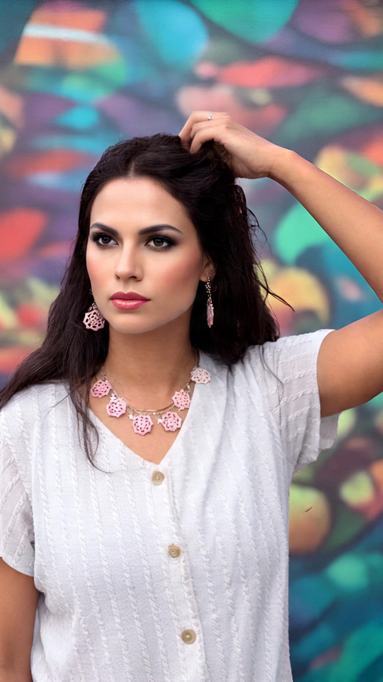 Trendy jewelry, light Crochet Jewelry, Pink Hexagon Floral Necklace & Earrings, Handmade Statement Jewelry