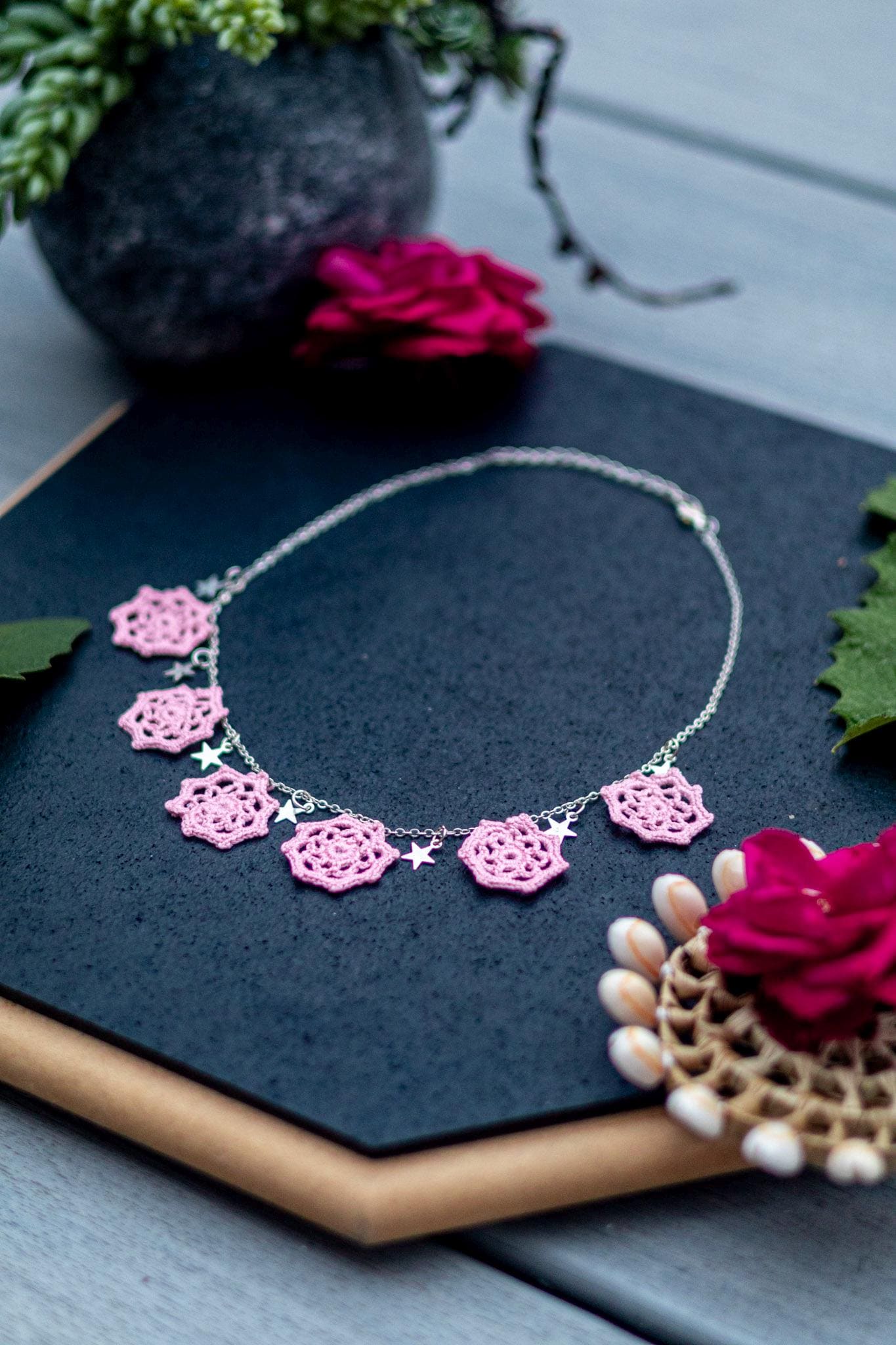 Trendy jewelry, light Crochet Jewelry, Pink Hexagon Floral Necklace & Earrings, Handmade Statement Jewelry