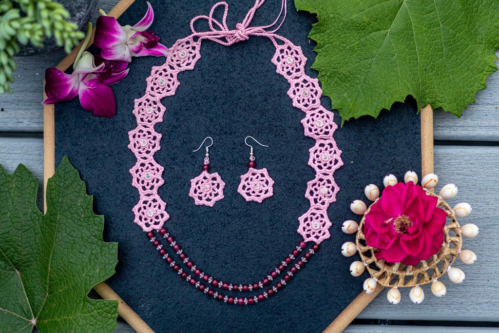 Trendy jewelry, light Crochet Jewelry, Pink Hexagon Floral Necklace & Earrings, Handmade Statement Jewelry