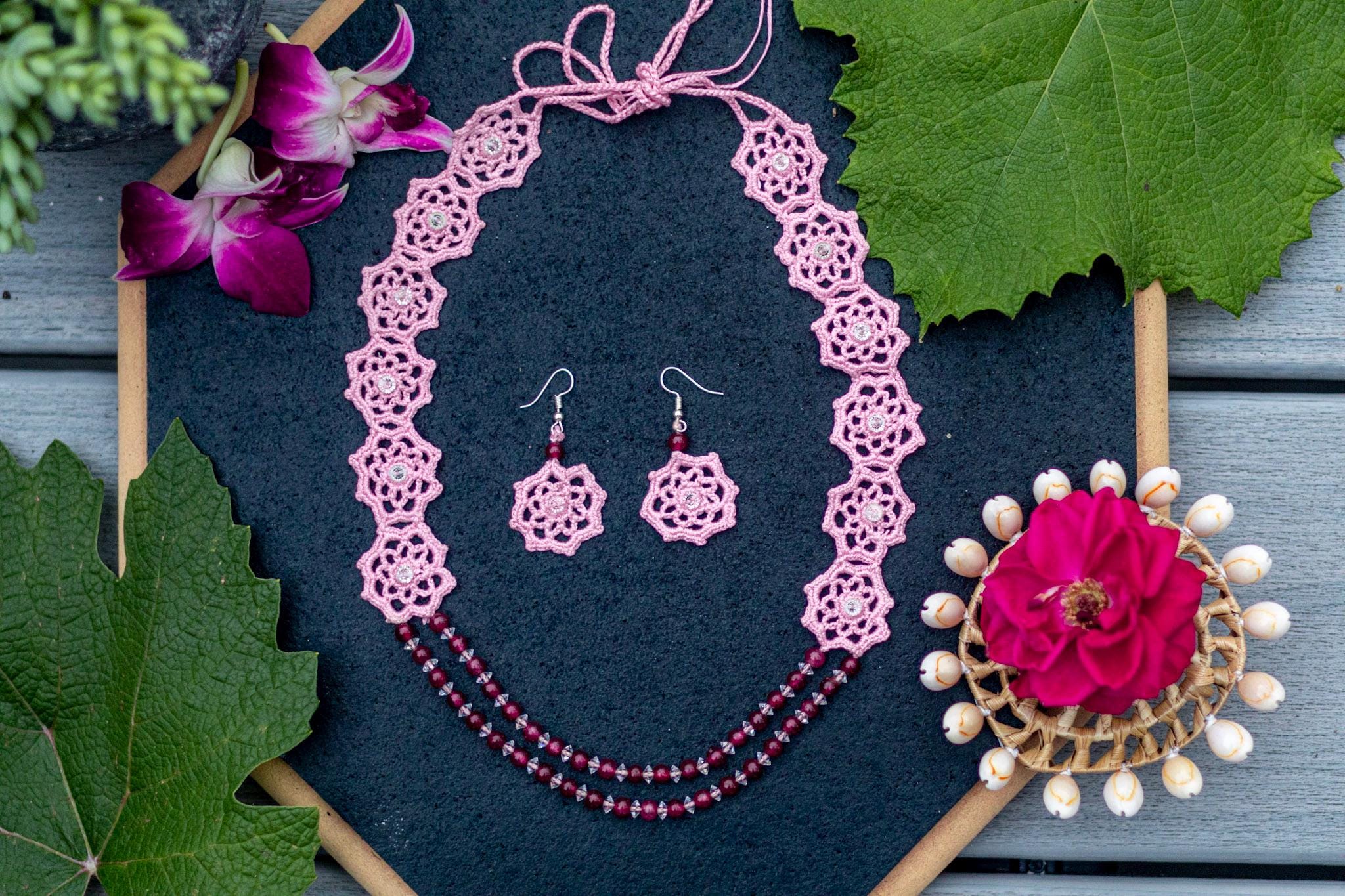 Trendy jewelry, light Crochet Jewelry, Pink Hexagon Floral Necklace & Earrings, Handmade Statement Jewelry