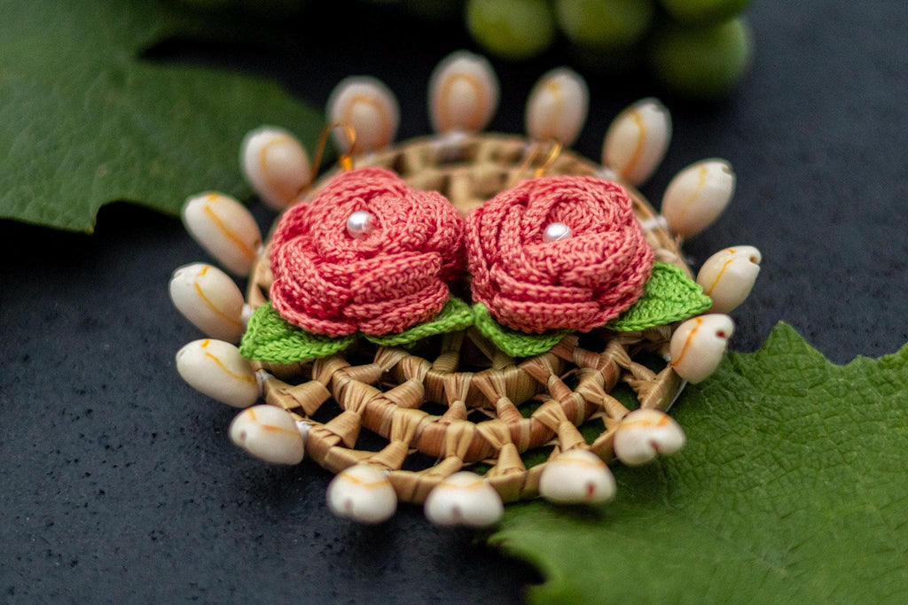 Crochet Rose Earrings: Pearl Center, Earthy Pink Green Floral Jewelry