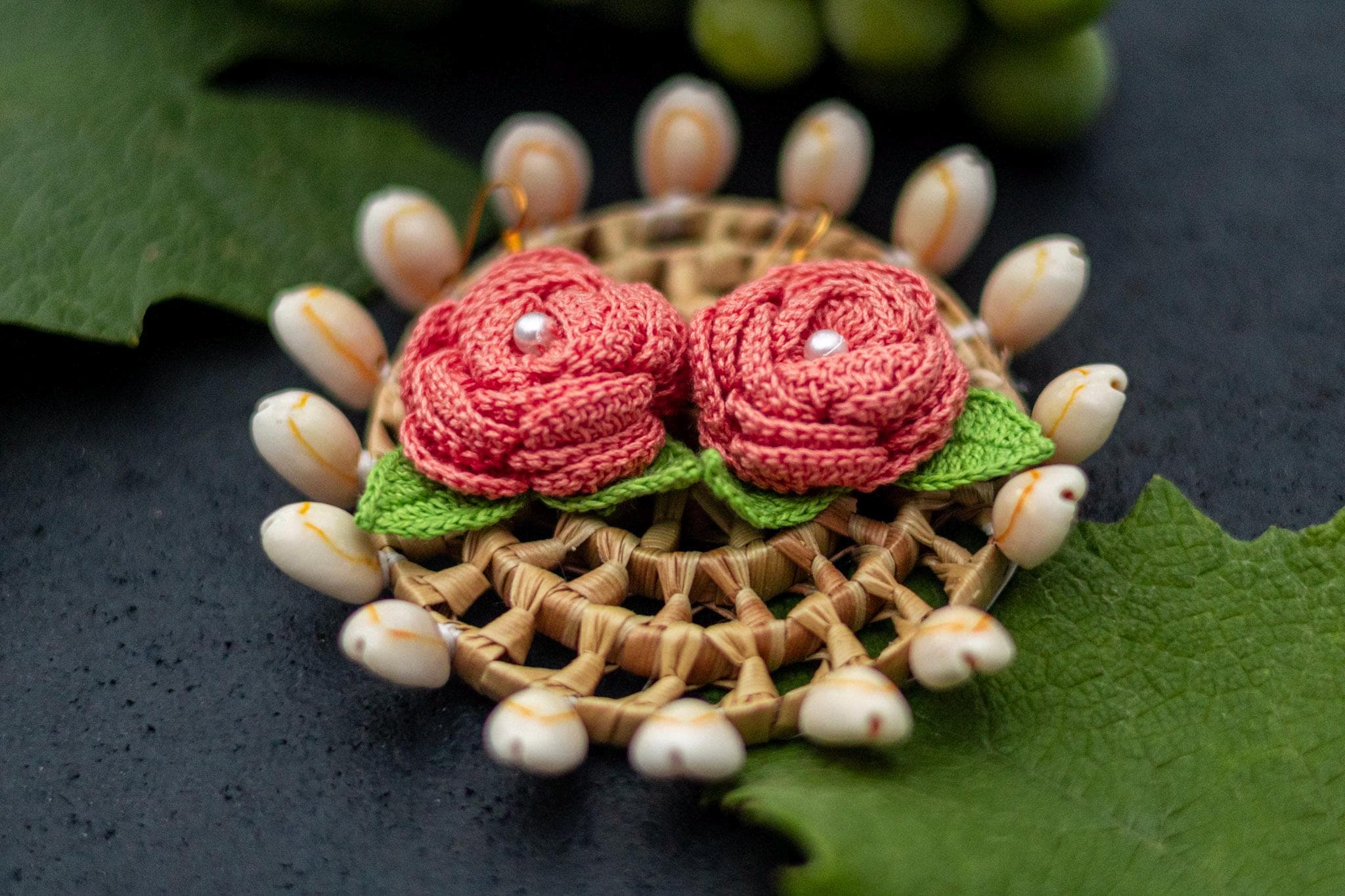 Crochet Rose Earrings: Pearl Center, Earthy Pink Green Floral Jewelry