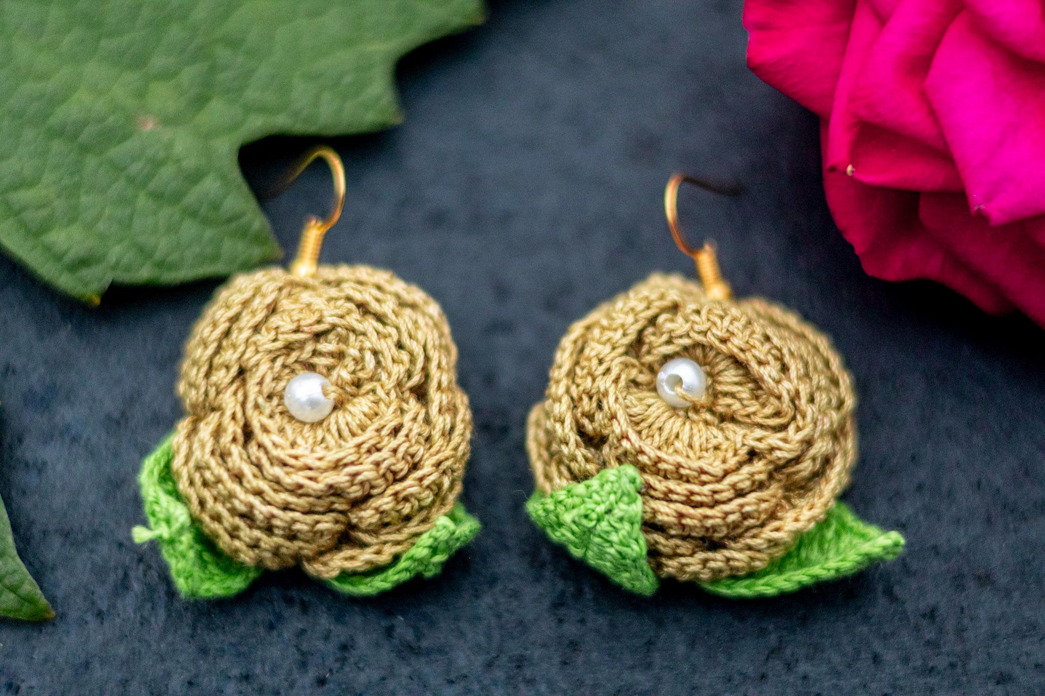 Crochet Rose Earrings: Pearl Center, Earthy Pink Green Floral Jewelry