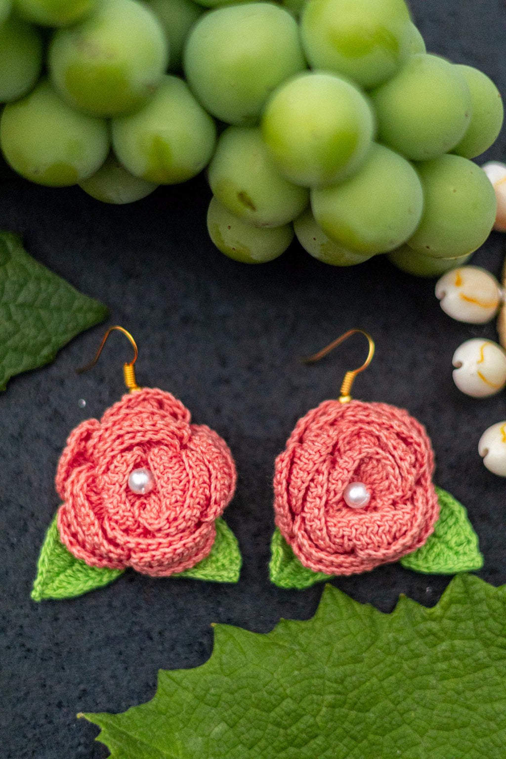 Crochet Rose Earrings: Pearl Center, Earthy Pink Green Floral Jewelry