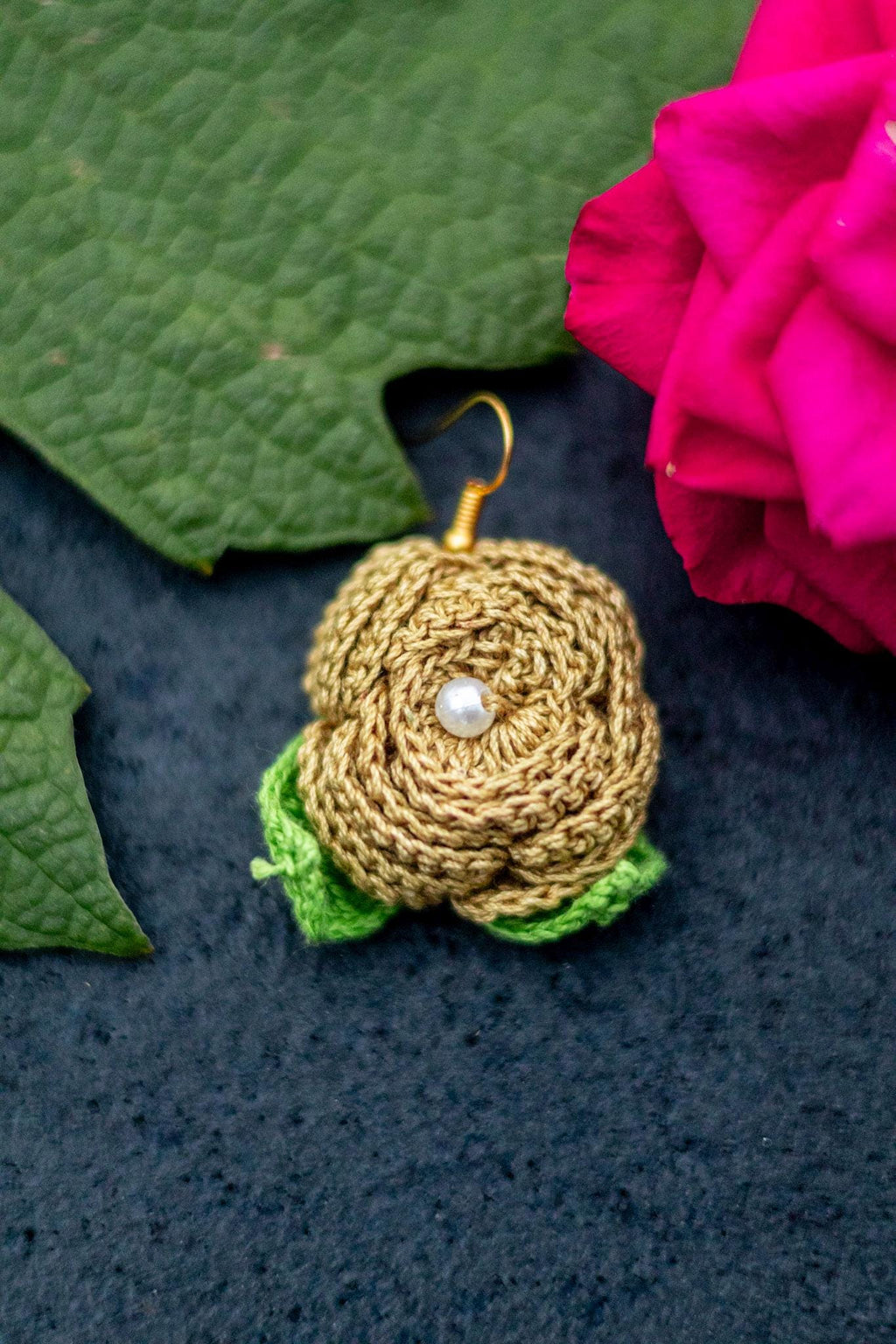 Crochet Rose Earrings: Pearl Center, Earthy Pink Green Floral Jewelry