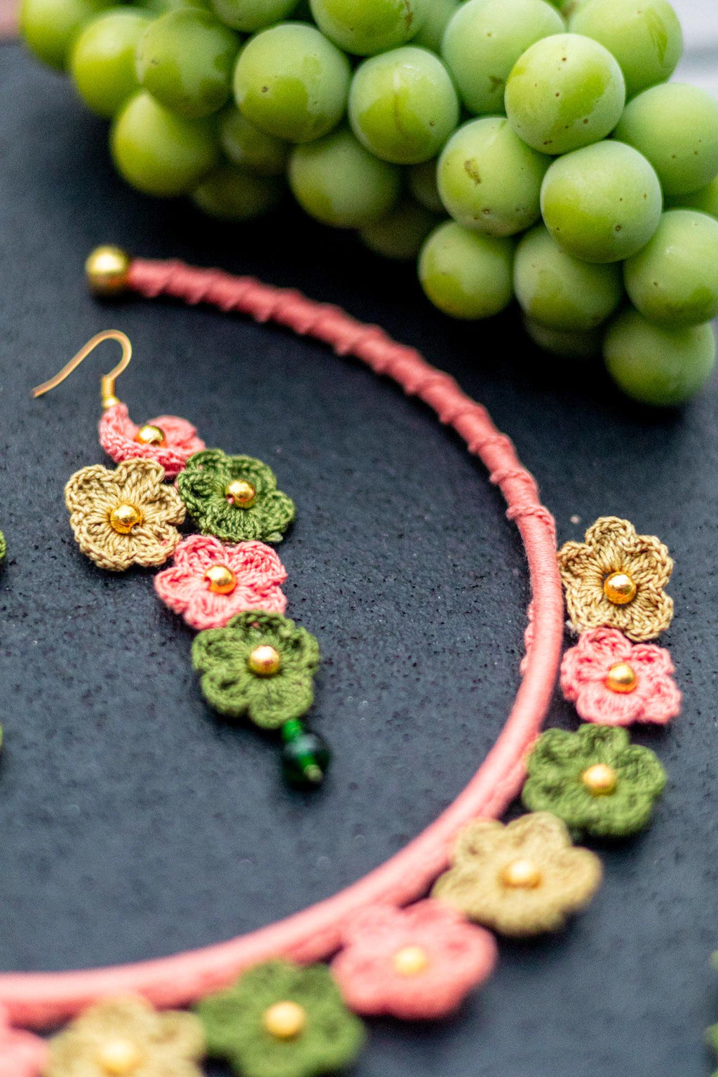 Crochet Flower Bib Necklace and Earrings Set: Soft Pink Green Boho Jewelry