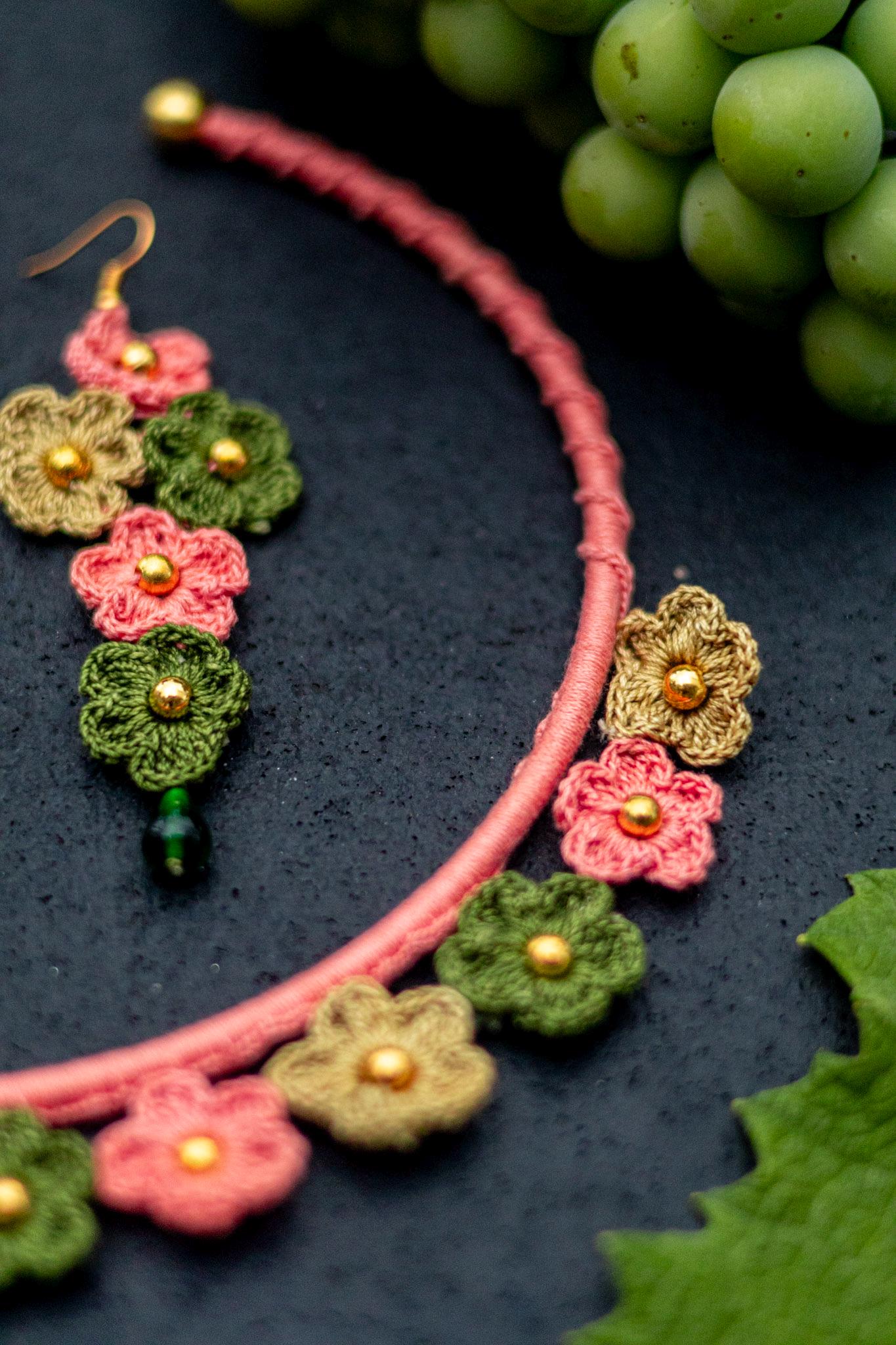 Crochet Flower Bib Necklace and Earrings Set: Soft Pink Green Boho Jewelry