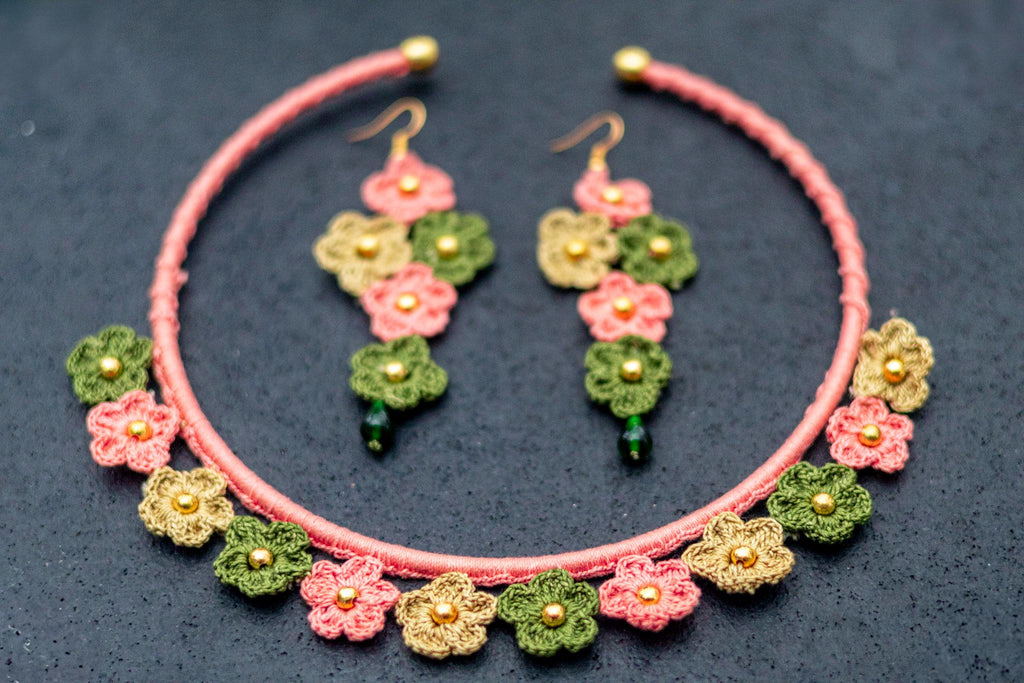 Crochet Flower Bib Necklace and Earrings Set: Soft Pink Green Boho Jewelry