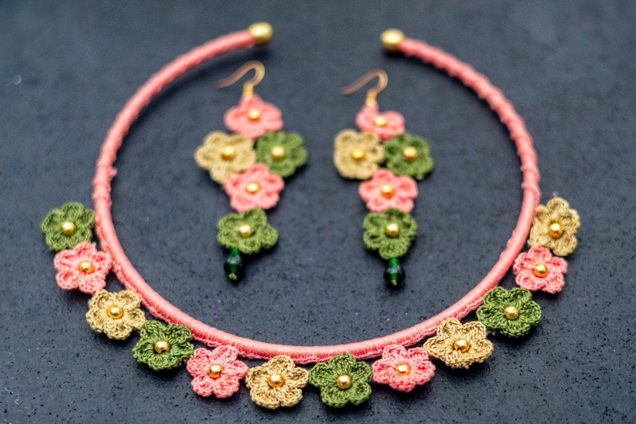 Crochet Flower Bib Necklace and Earrings Set: Soft Pink Green Boho Jewelry