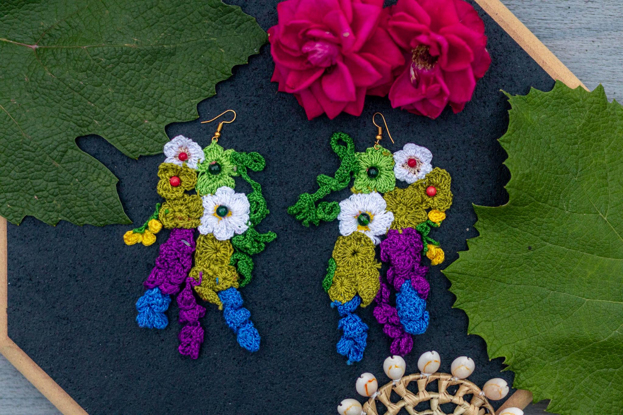 Handmade Flower Dangle Earrings, Crochet trendy earrings, Colorful Boho Statement Jewelry, Garden-Inspired Fiber Art Gifts, Grapes - Purple