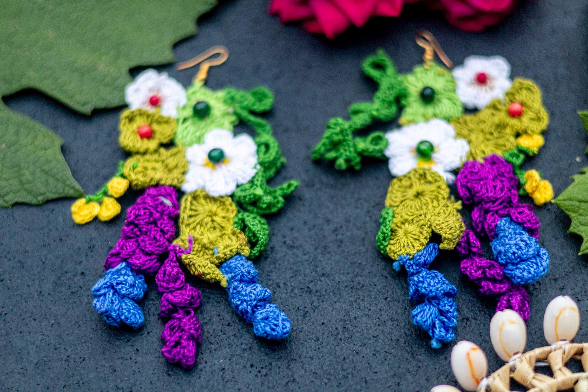 Handmade Flower Dangle Earrings, Crochet trendy earrings, Colorful Boho Statement Jewelry, Garden-Inspired Fiber Art Gifts, Grapes - Purple