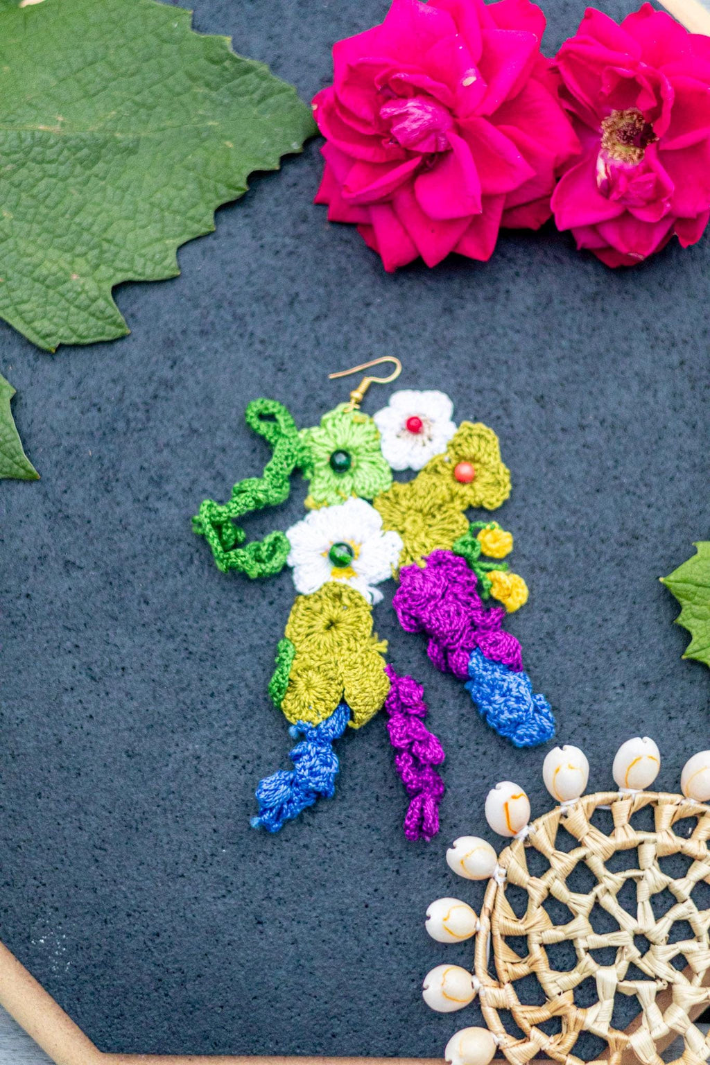 Handmade Flower Dangle Earrings, Crochet trendy earrings, Colorful Boho Statement Jewelry, Garden-Inspired Fiber Art Gifts, Grapes - Purple