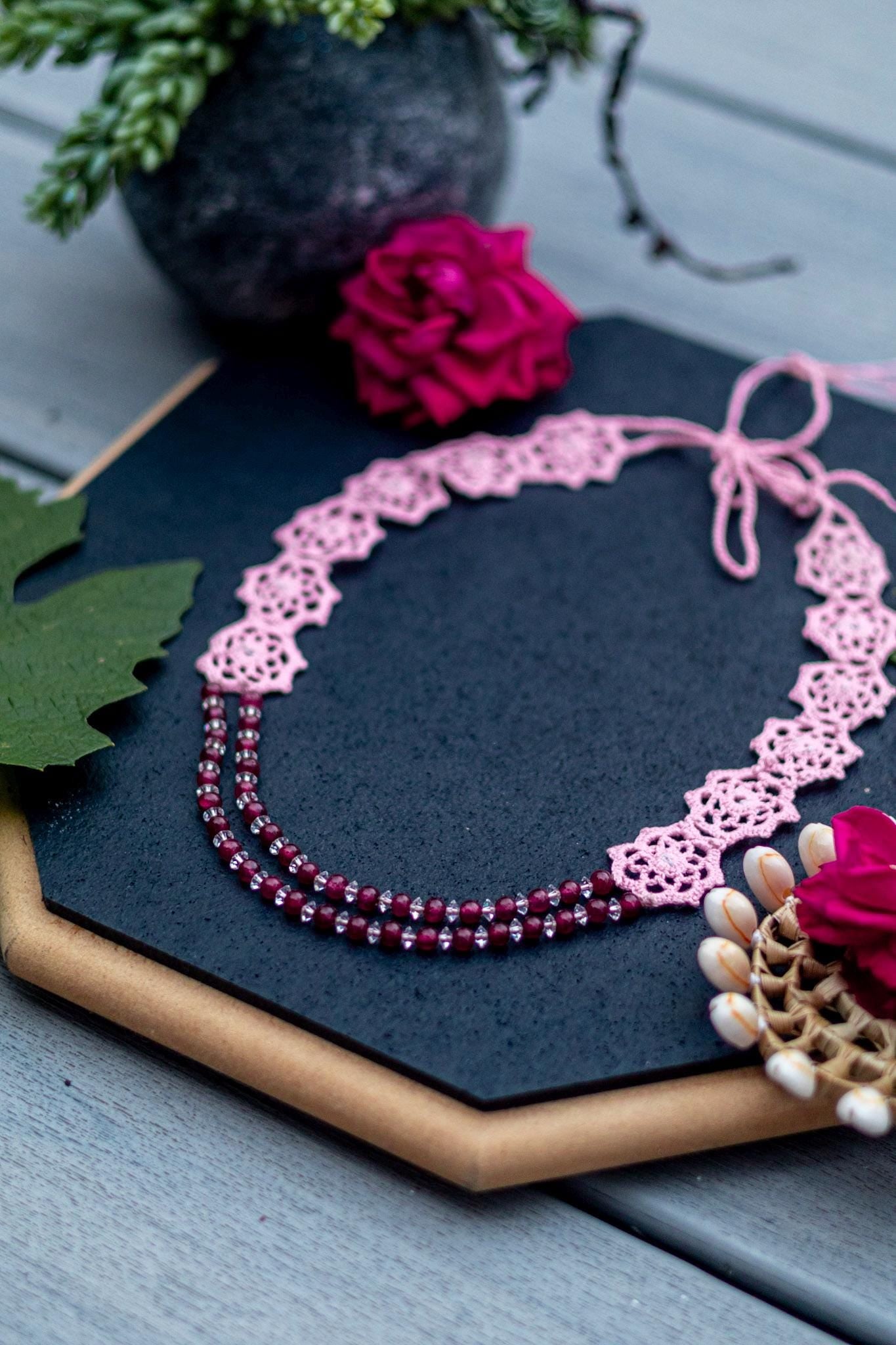 Trendy jewelry, light Crochet Jewelry, Pink Hexagon Floral Necklace & Earrings, Handmade Statement Jewelry