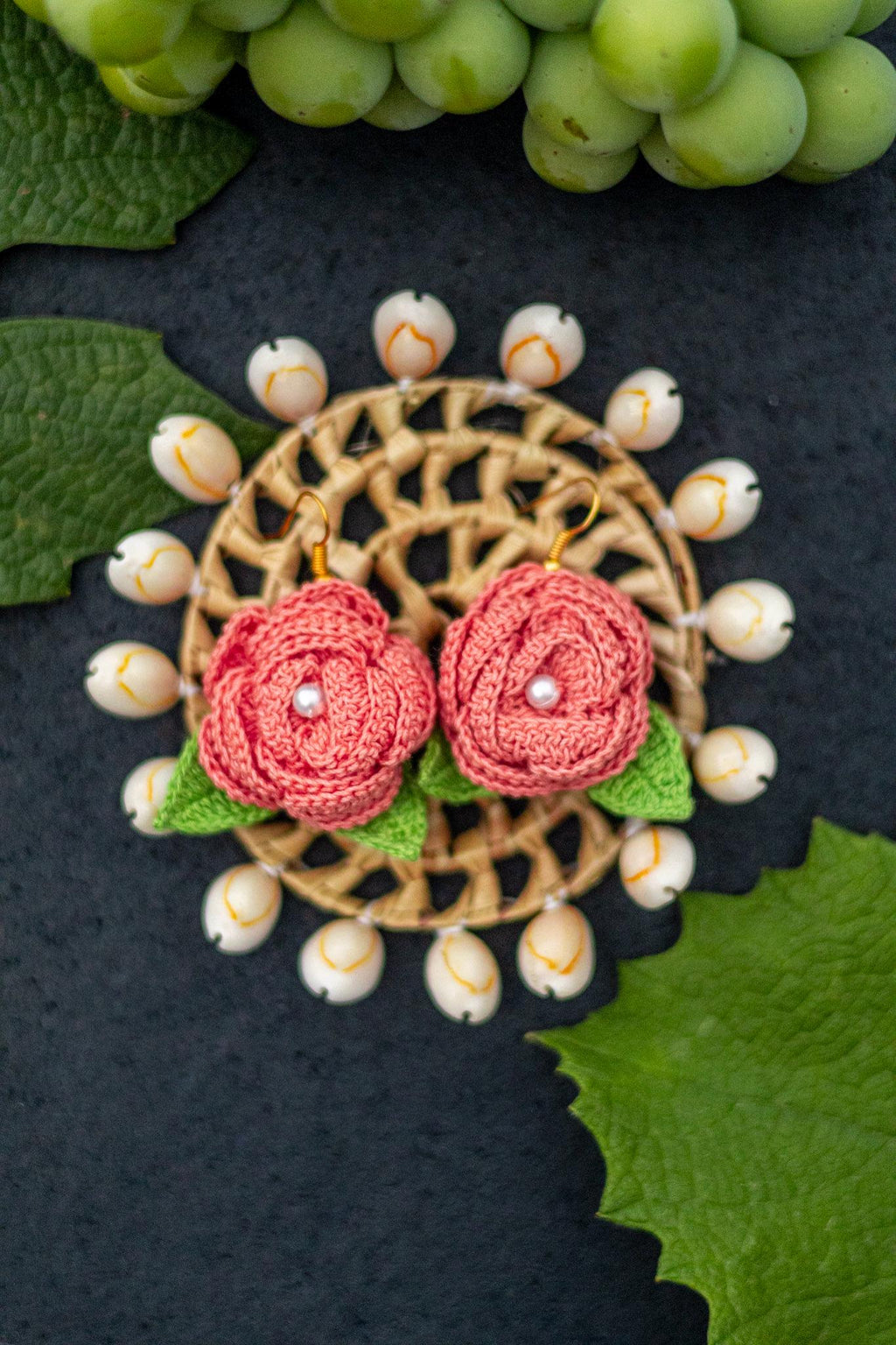 Crochet Rose Earrings: Pearl Center, Earthy Pink Green Floral Jewelry