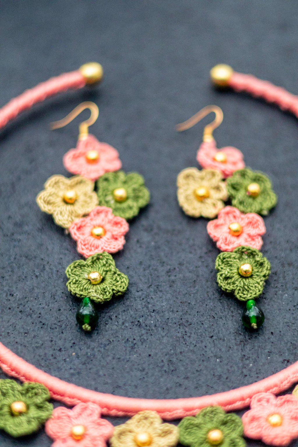 Crochet Flower Bib Necklace and Earrings Set: Soft Pink Green Boho Jewelry
