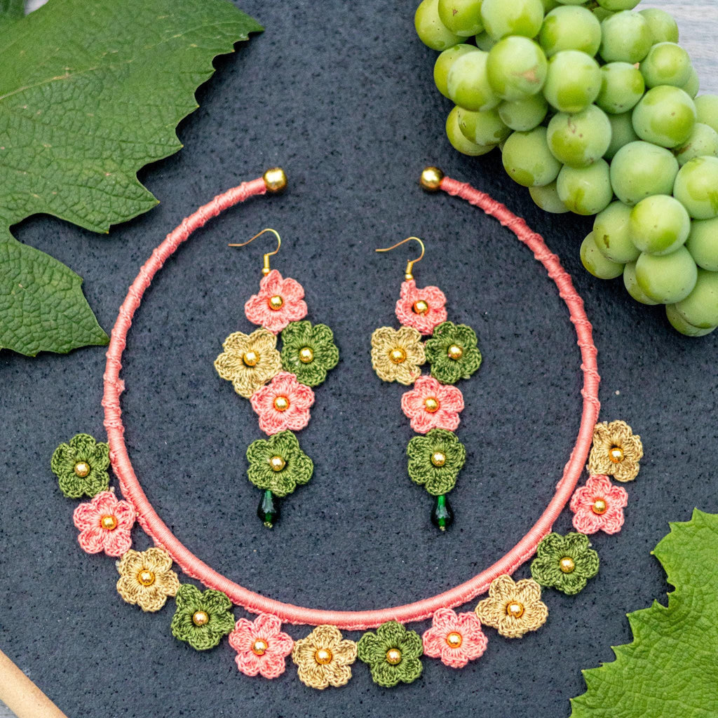 Crochet Flower Bib Necklace and Earrings Set: Soft Pink Green Boho Jewelry