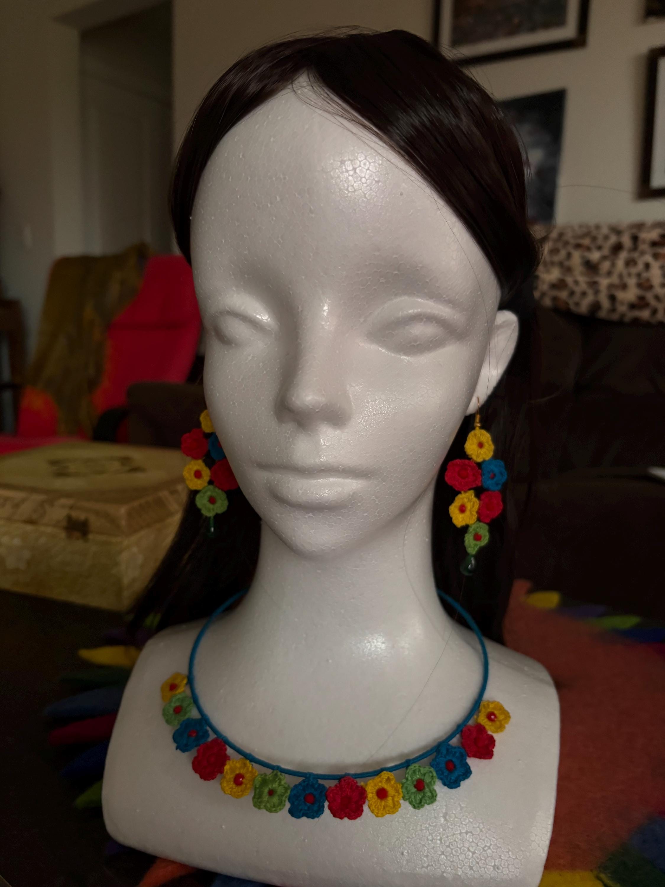 Handmade Crochet Floral Boho Elegant Necklace Earrings Set