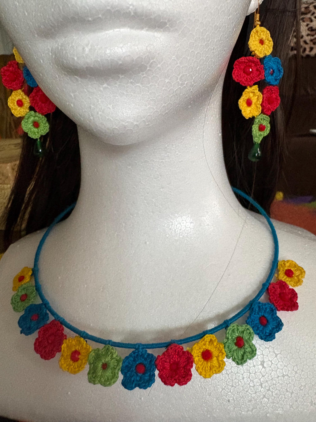 Handmade Crochet Floral Boho Elegant Necklace Earrings Set