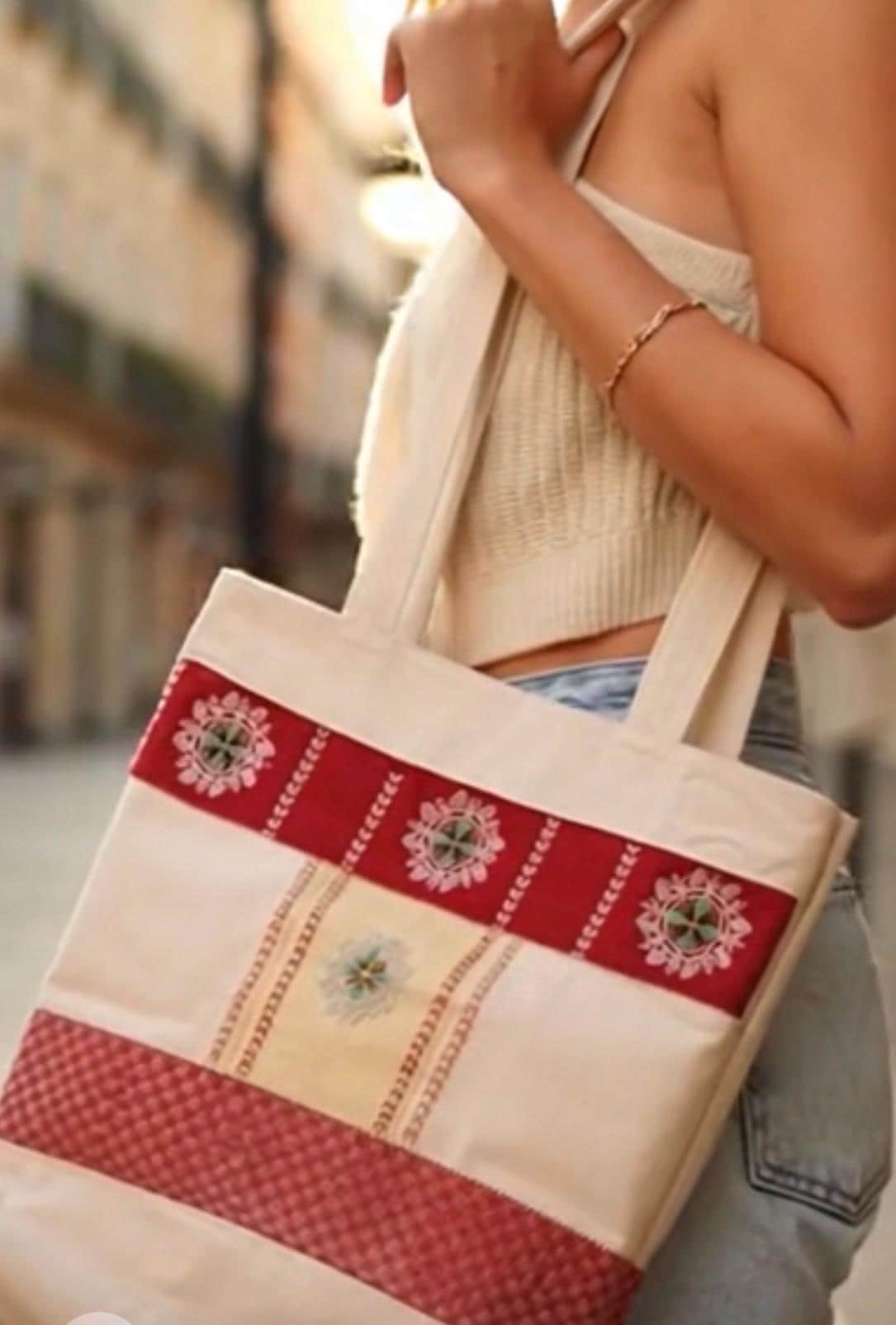 Handwoven Cotton Tote Bag | Red Embroidered Ethnic Shopper