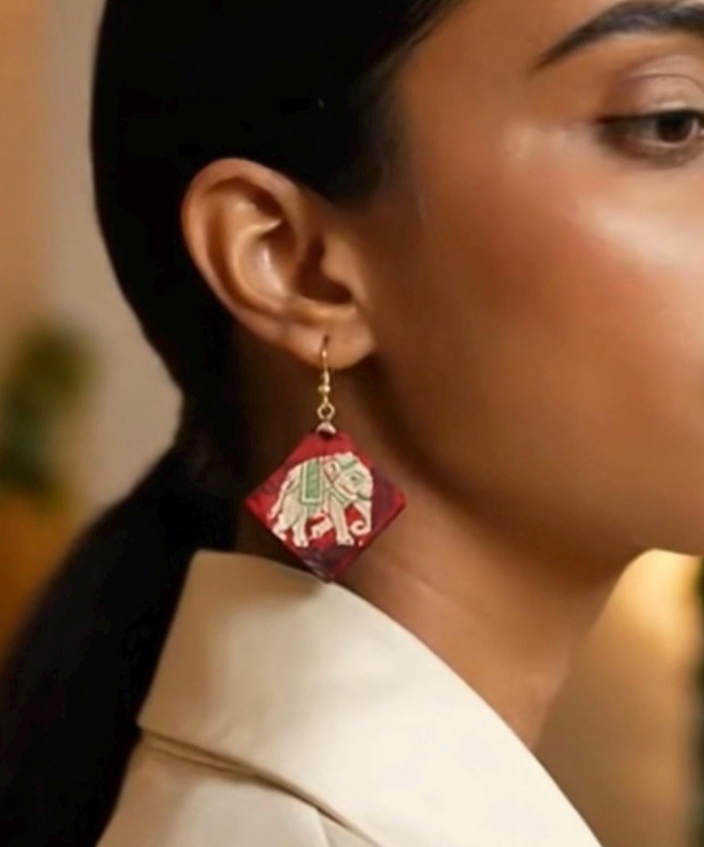 Handcrafted Elephant Dangle Earrings – Burgundy & Gold Ethnic Statement Jewelry