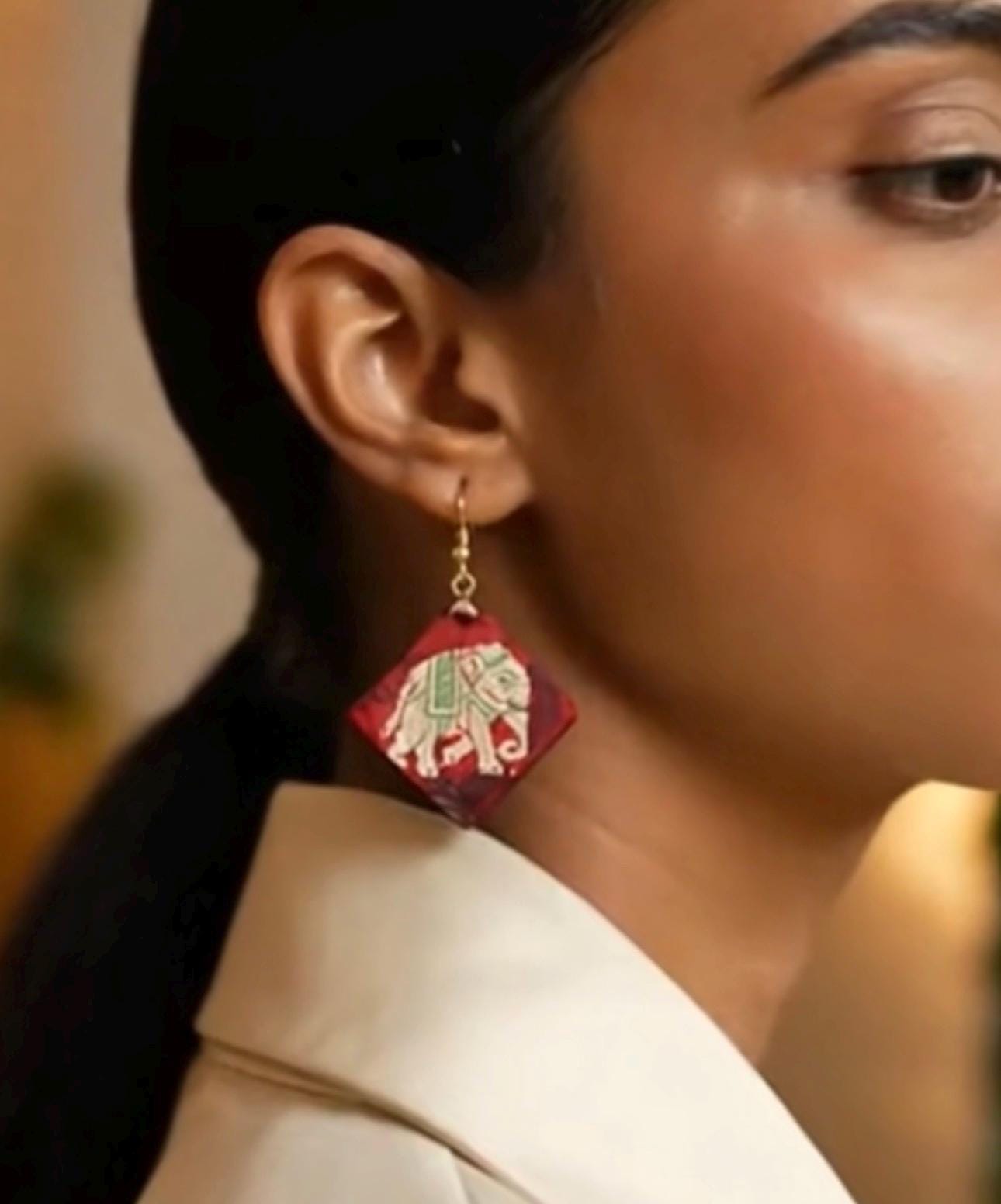 Handcrafted Elephant Dangle Earrings – Burgundy & Gold Ethnic Statement Jewelry
