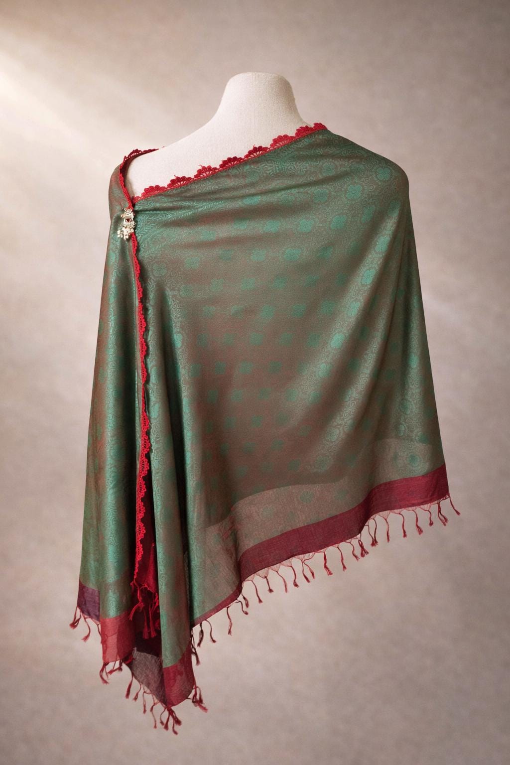 Banarasi Silk Scarf Wrap with Motifs and Button, Hand-Finished Lightweight Shawl, Gift for Her