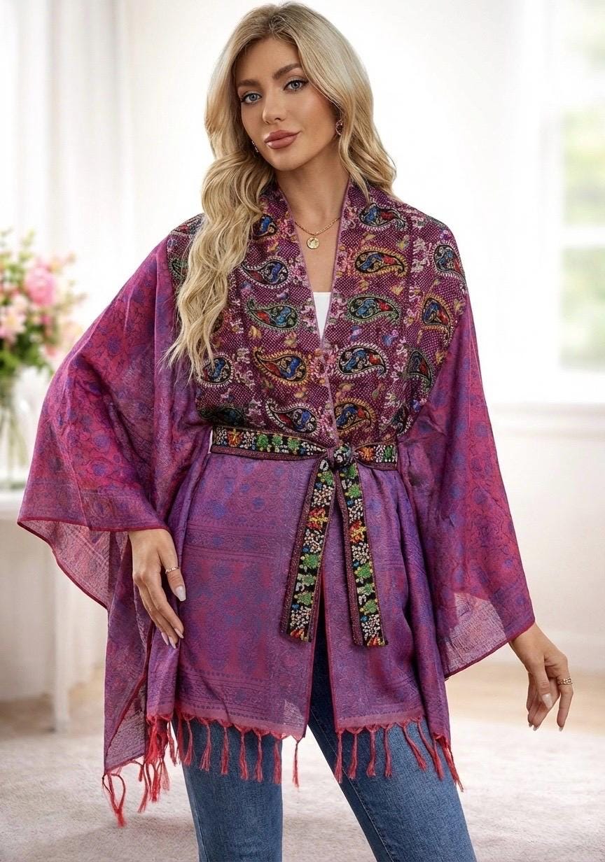 Banarasi Silk Wrap Shawl, Hand-Finished Artisan Paisley Embroidered Border, Lightweight Indian Shawl, Gift