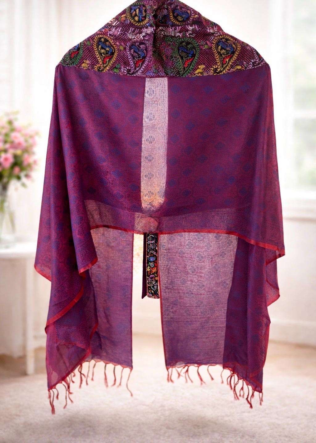 Banarasi Silk Wrap Shawl, Hand-Finished Artisan Paisley Embroidered Border, Lightweight Indian Shawl, Gift