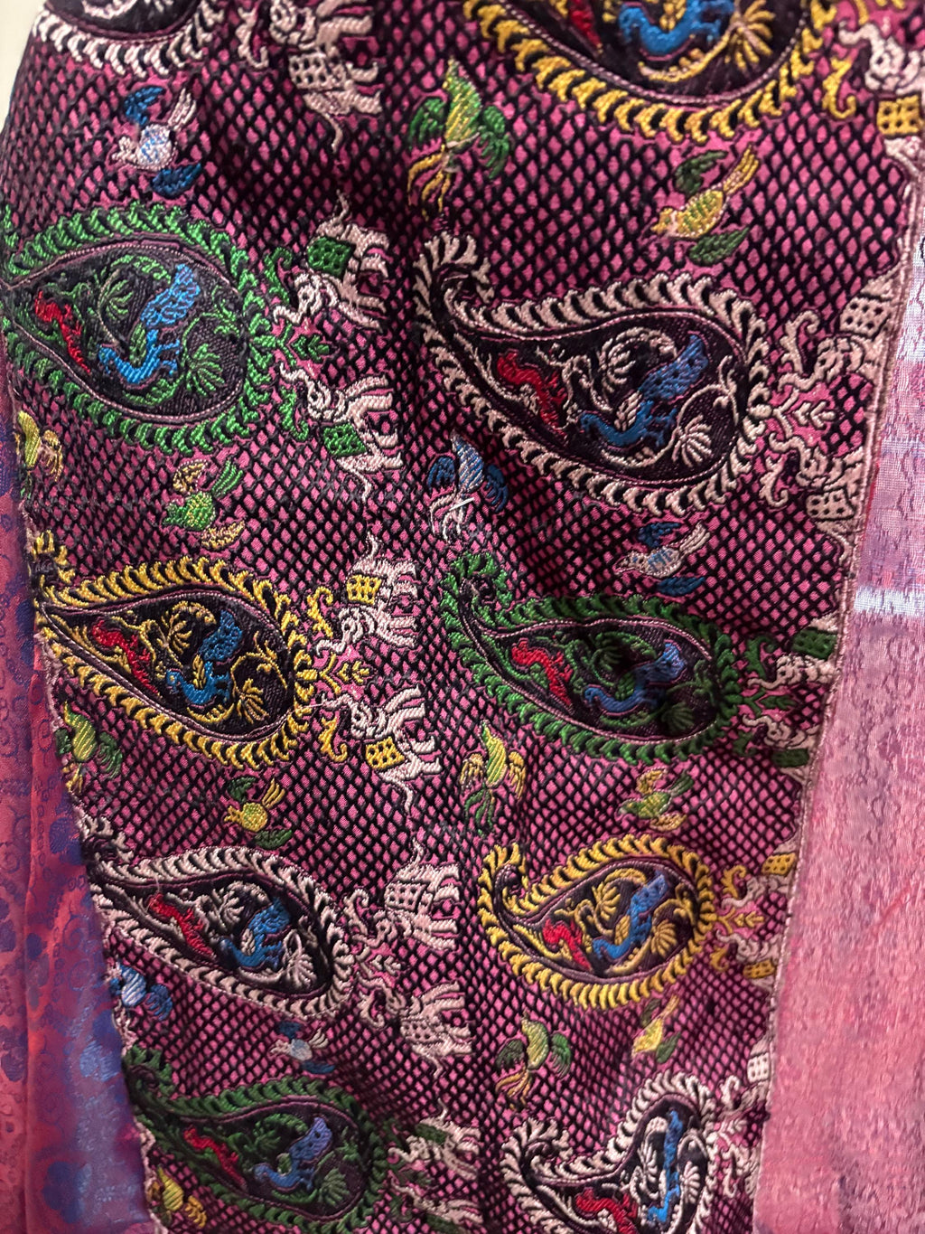 Banarasi Silk Wrap Shawl, Hand-Finished Artisan Paisley Embroidered Border, Lightweight Indian Shawl, Gift