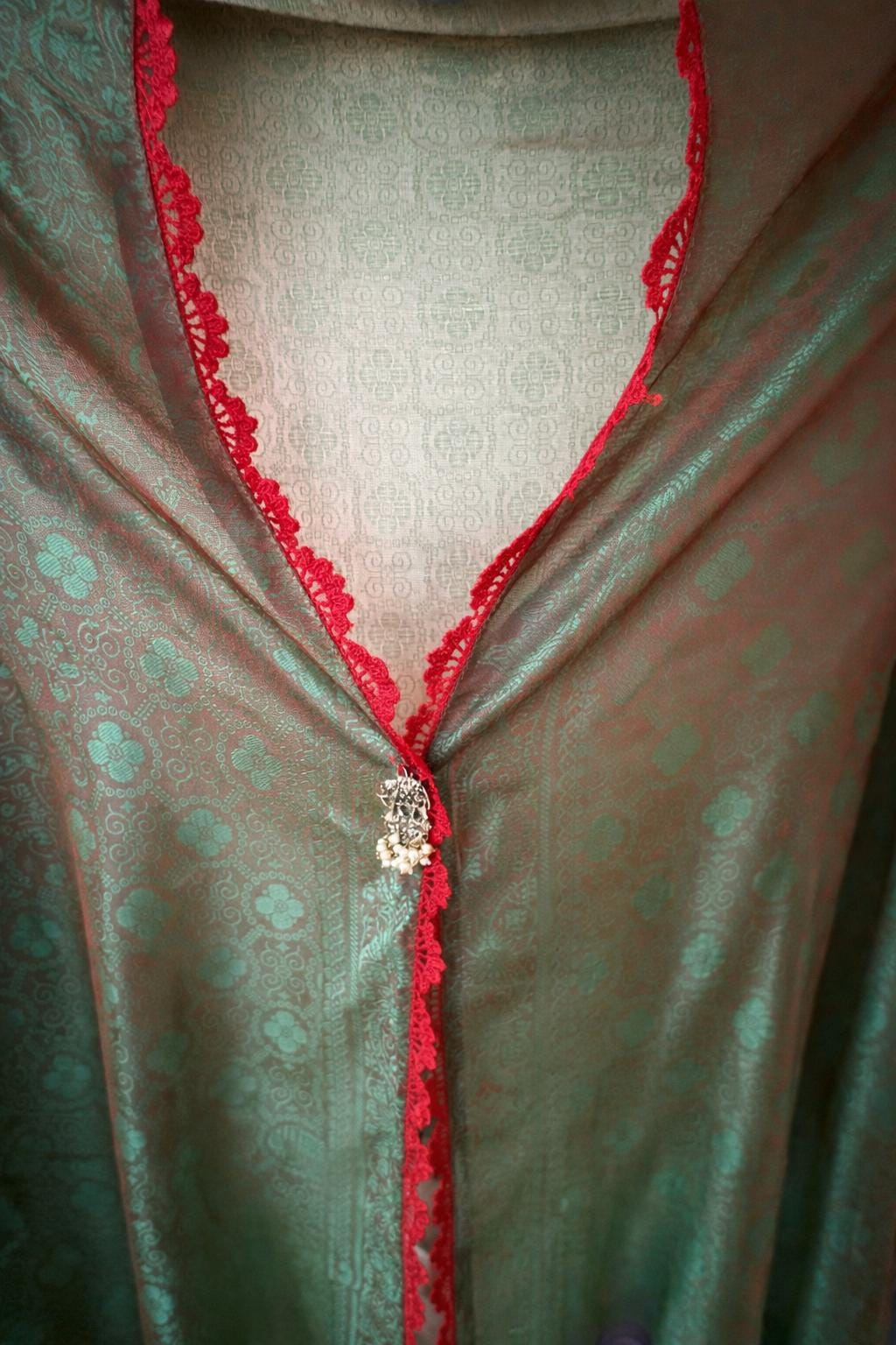 Banarasi Silk Scarf Wrap with Motifs and Button, Hand-Finished Lightweight Shawl, Gift for Her