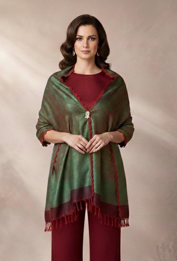 Banarasi Silk Scarf Wrap with Motifs and Button, Hand-Finished Lightweight Shawl, Gift for Her