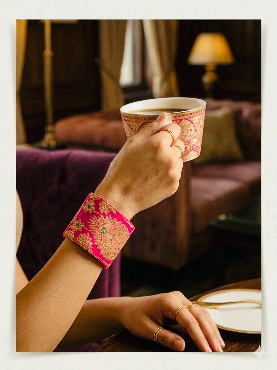 Handmade Banarasi Silk Cuff Bracelet – Magenta Gold Statement Wrap Accessory