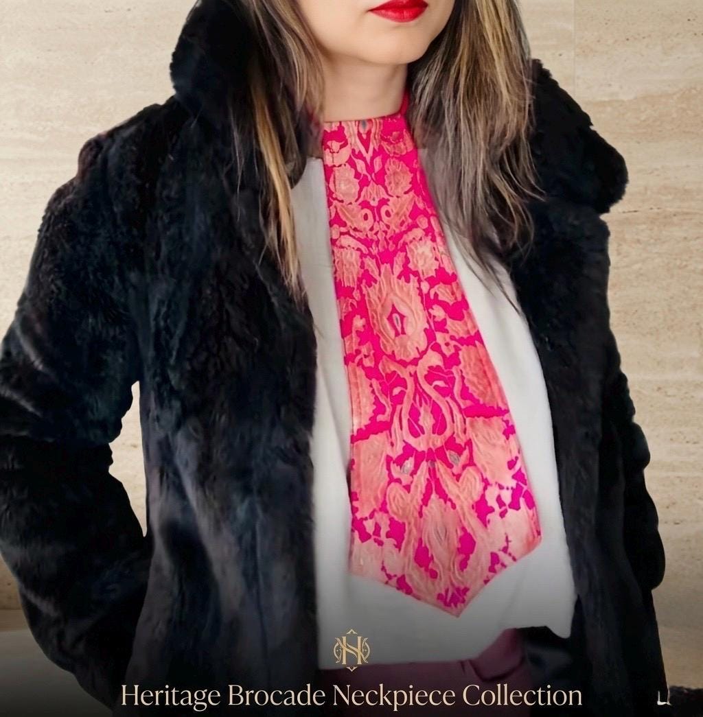 Brocade Silk Statement Neck Scarf, Fabric Tie Scarf, Easy-to-Wear Unique Design, Gift for Her