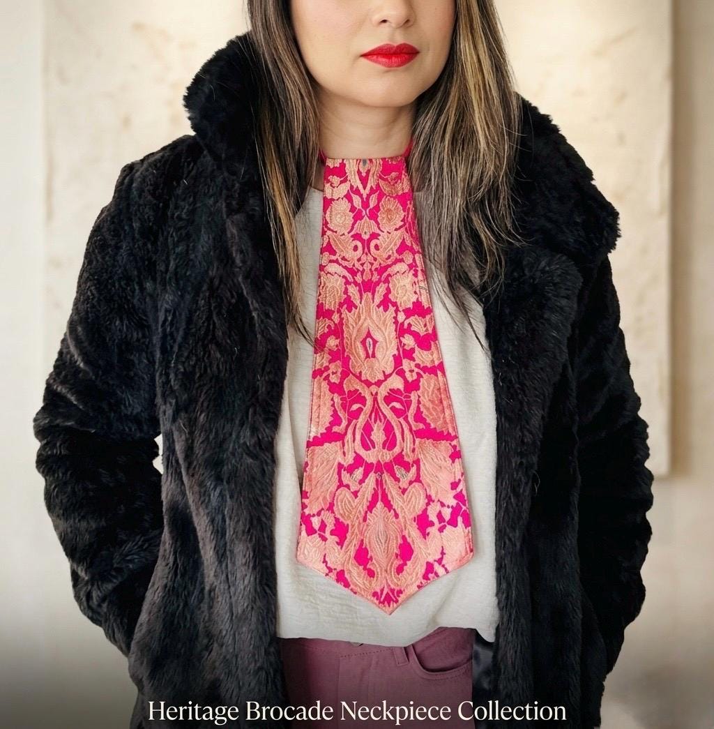 Brocade Silk Statement Neck Scarf, Fabric Tie Scarf, Easy-to-Wear Unique Design, Gift for Her