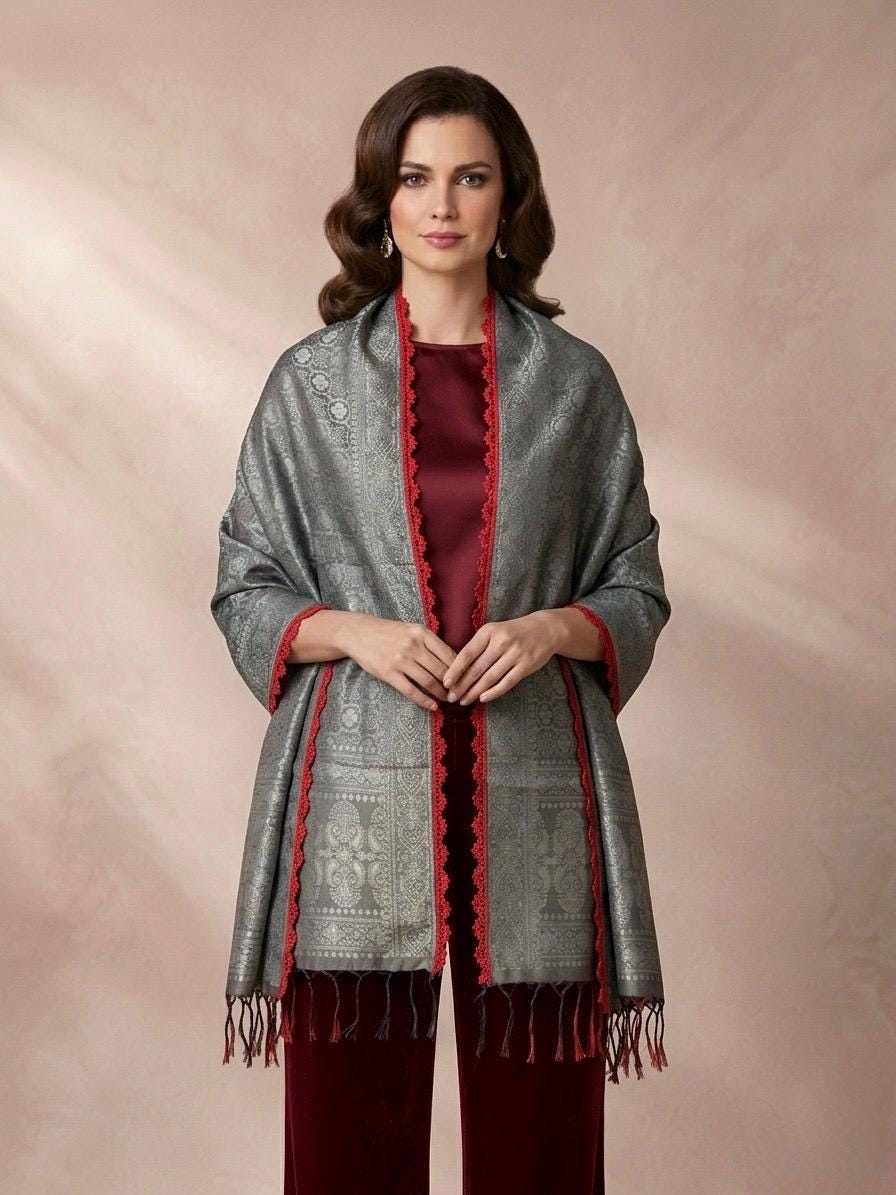 Banarasi Silk Scarf Wrap with Motifs and Button, Hand-Finished Lightweight Shawl, Gift for Her