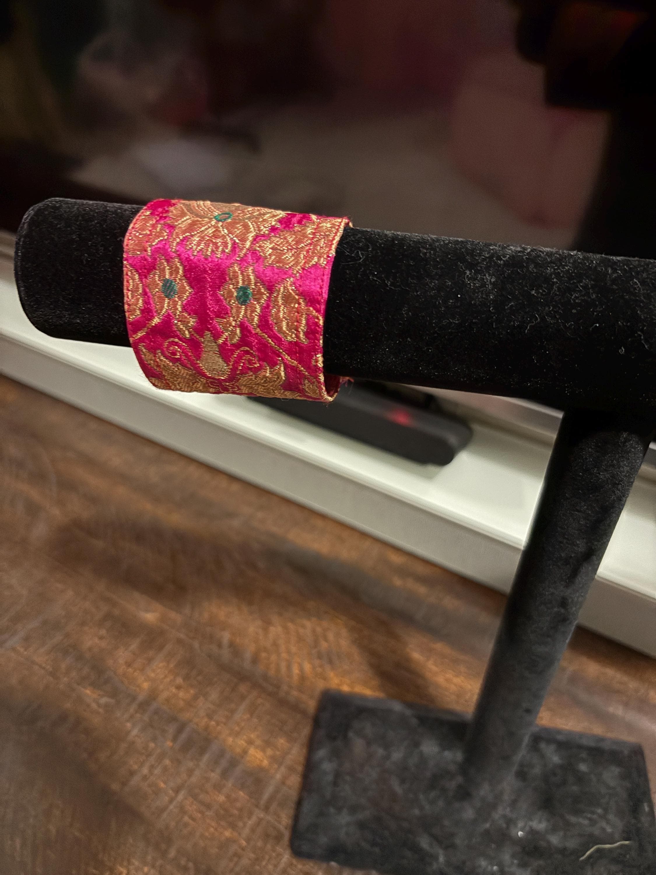 Handmade Banarasi Silk Cuff Bracelet – Magenta Gold Statement Wrap Accessory