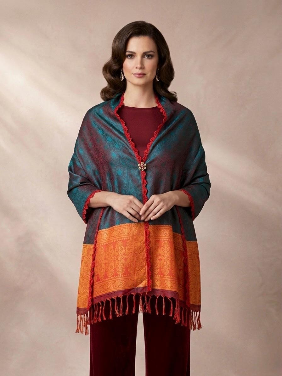 Banarasi Silk Scarf Wrap with Motifs and Button, Hand-Finished Lightweight Shawl, Gift for Her