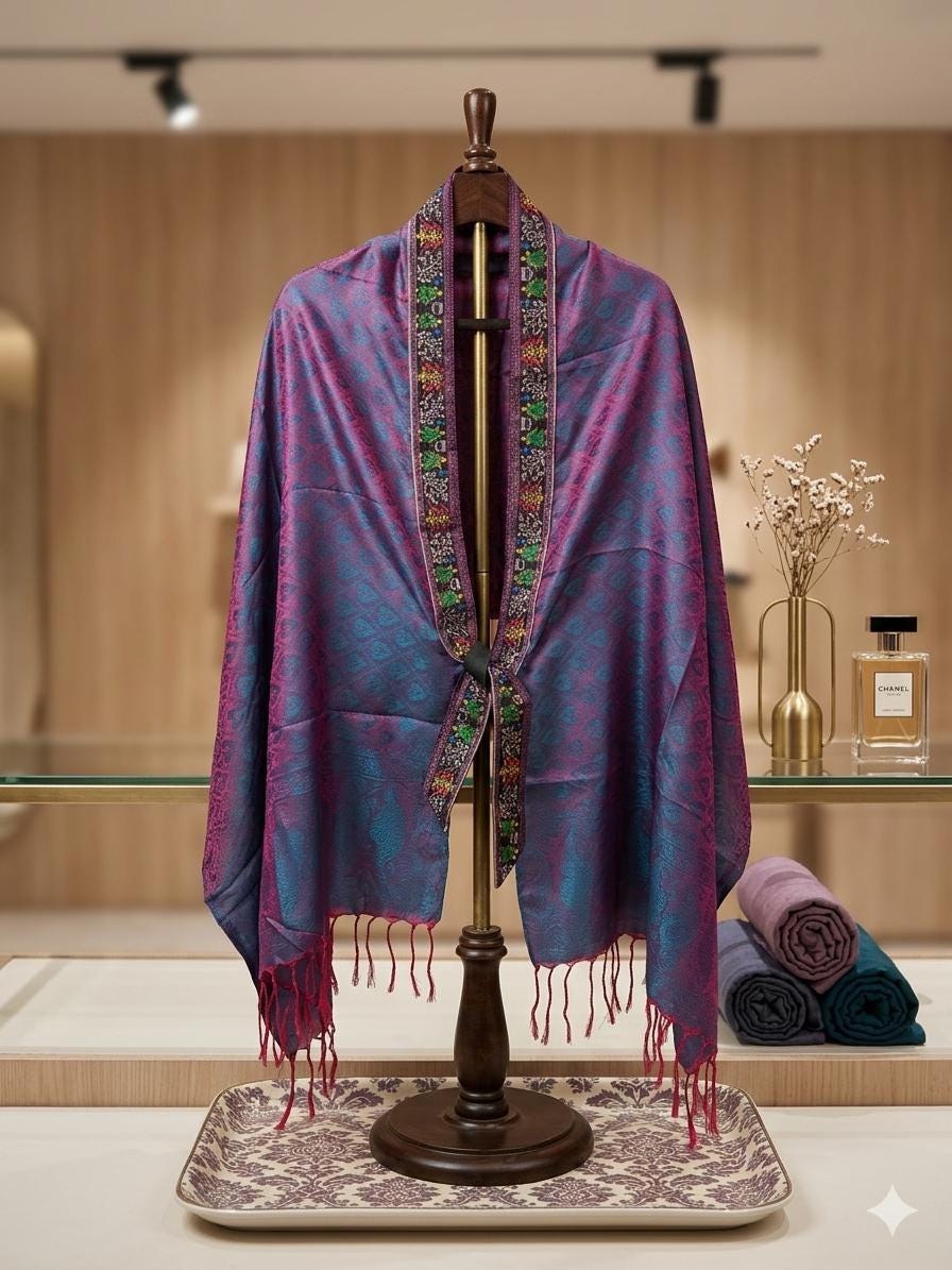 Banarasi Silk Wrap Shawl, Hand-Finished Artisan Paisley Embroidered Border, Lightweight Indian Shawl, Gift
